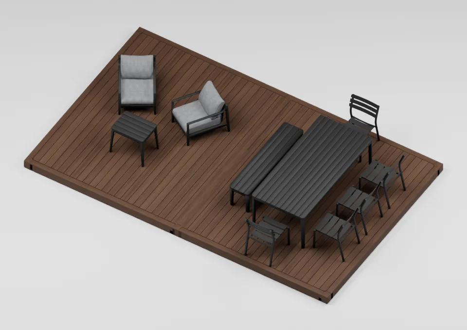 A table & a quiet corner: furniture arrangement on a 12 by 20 foot deck