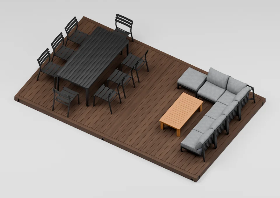 Room for the whole day: furniture arrangement on a 12 by 20 foot deck