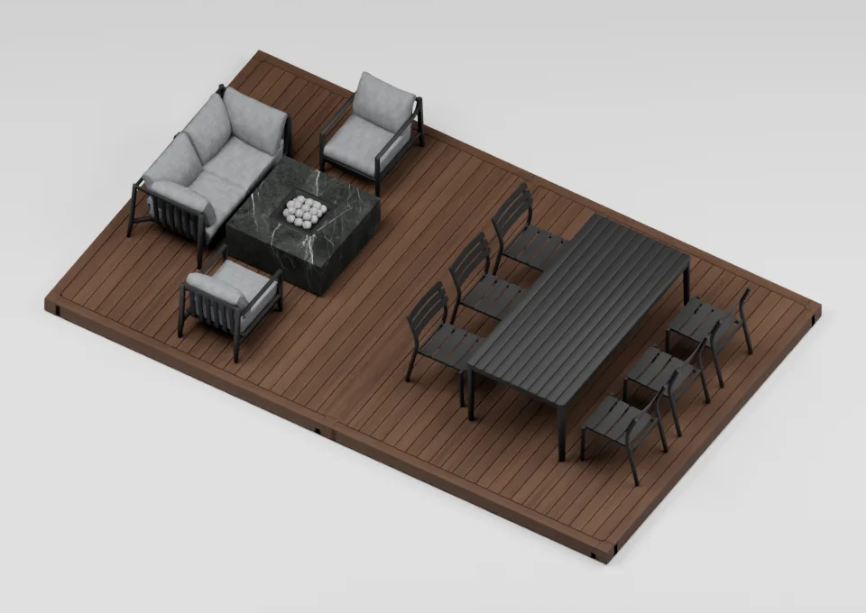 From dinner to fireside: furniture arrangement on a 12 by 20 foot deck
