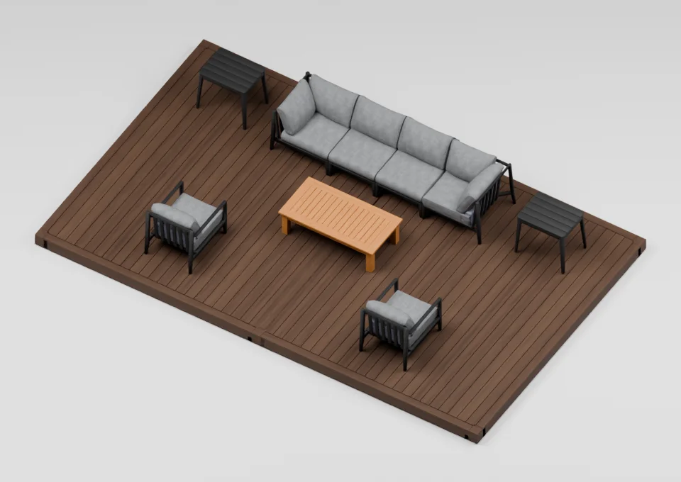 The living room: furniture arrangement on a 12 by 20 foot deck