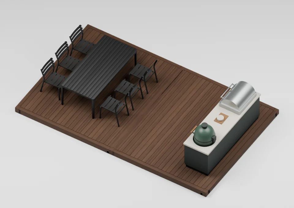 The outdoor kitchen: furniture arrangement on a 12 by 20 foot deck