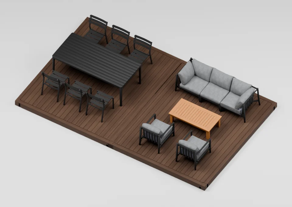 Dinner & conversation: furniture arrangement on a 12 by 20 foot deck