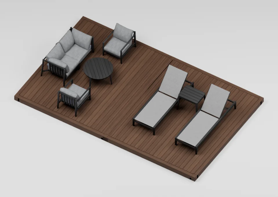 Sun & conversation: furniture arrangement on a 12 by 20 foot deck