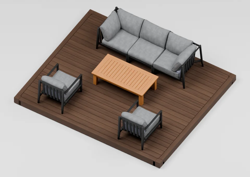 The living room: furniture arrangement on a 12 by 10 foot deck