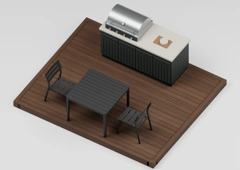 The outdoor kitchen: furniture arrangement on a 12 by 10 foot deck
