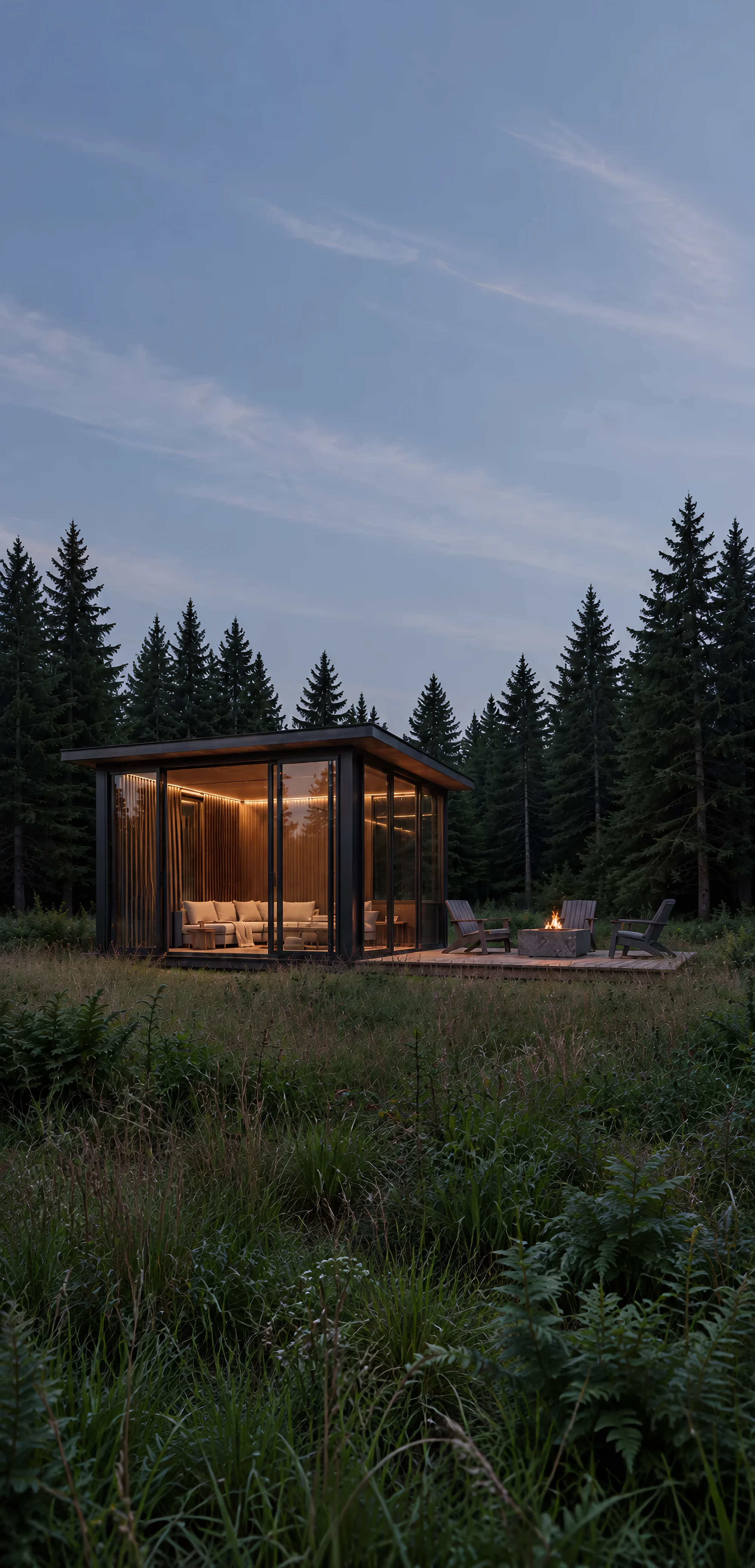 An illuminated OS1 lounge with a fire pit in a forest meadow at dusk