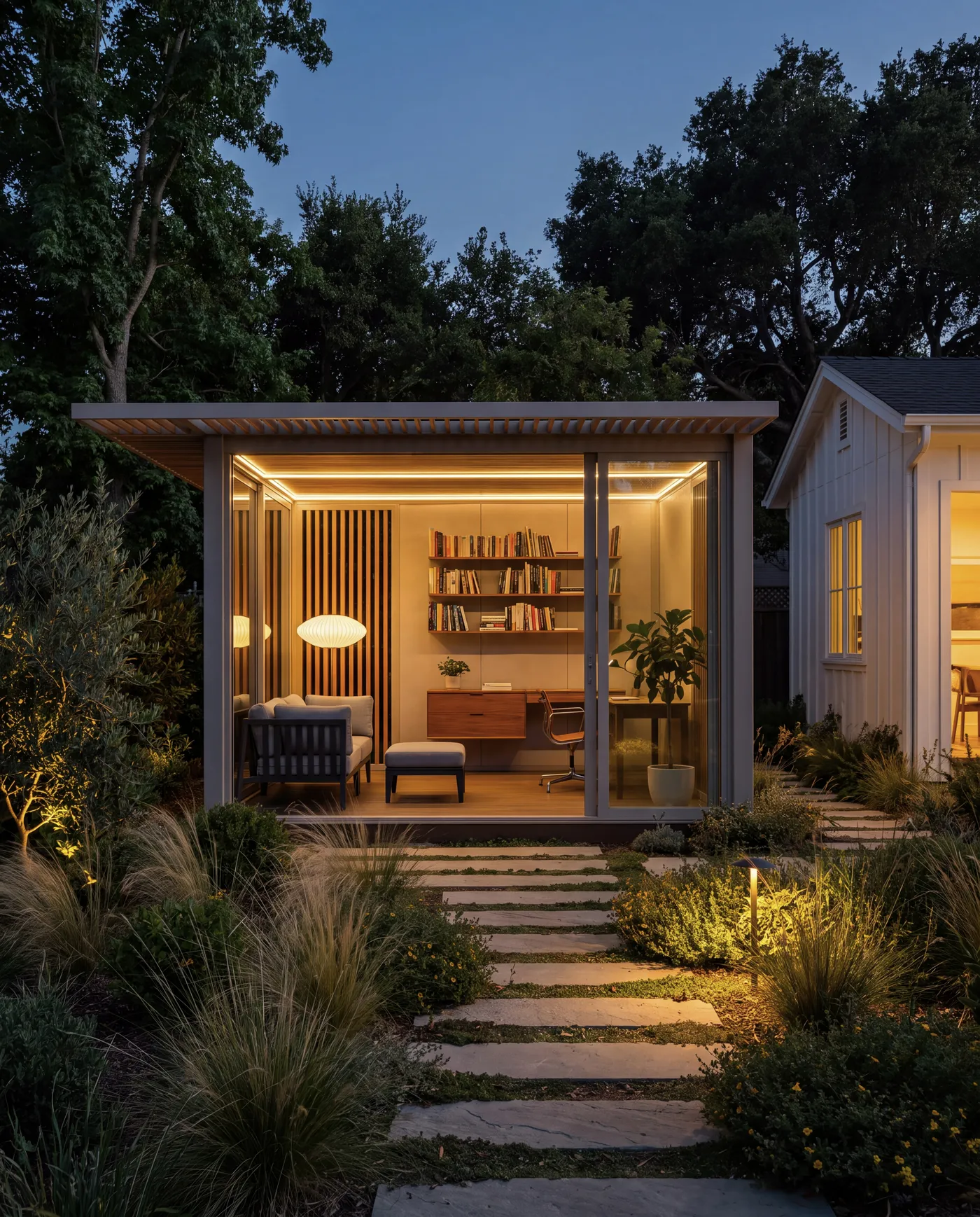 A warmly lit OS1 garden office at dusk