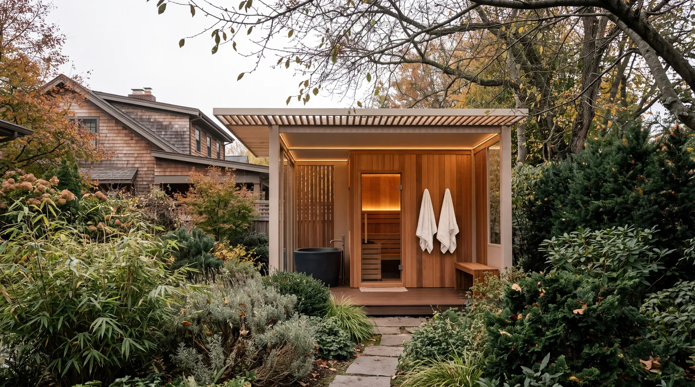 An OS1 timber sauna with towels in an autumn garden