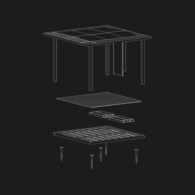 Exploded OS1 diagram showing the solar pavilion, ProSnap decking, Horizon BladePack battery, aluminum frame, and GroundLock anchors